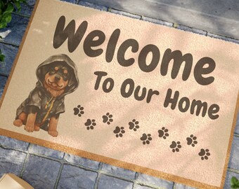 Welcome to our home rugs, Funny Dog Doormat, Doormat for dog owner, Cute rottweiler doormat, dog paw print doormat, exterior rug, rottie rug