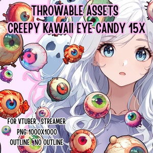 May include: A digital illustration of a white-haired anime girl with blue eyes. The girl is surrounded by 15 cartoon eyeballs in various colors and styles. The text "THROWABLE ASSETS CREEPY KAWAII EYE CANDY 15X" is at the top of the image. The text "FOR VTUBER STREAMER PNG 1000X1000 OUTLINE NO OUTLINE" is at the bottom of the image.