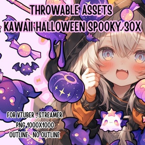 Op de afbeelding: Een set van 30 kawaii Halloween-thema digitale assets voor streamers en Vtubers. De assets bevatten een verscheidenheid aan griezelige en schattige personages, zoals geesten, vleermuizen, pompoenen en snoep. De assets zijn beschikbaar in PNG-formaat en zijn 1000x1000 pixels groot. Ze kunnen worden gebruikt met of zonder contouren.