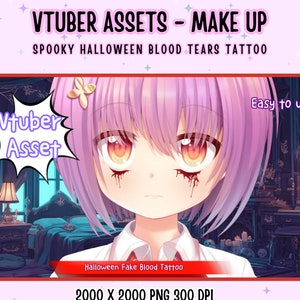 Puede incluir: Una ilustración digital de un personaje de anime con cabello rosado y lágrimas de sangre falsa. La imagen está etiquetada como "Vtuber Asset" y "Halloween Fake Blood Tattoo".