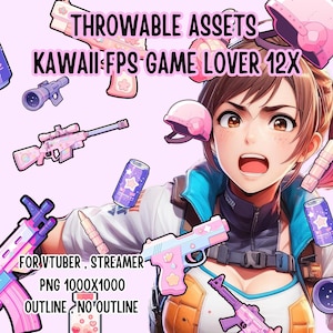 May include: A digital illustration of a female anime character with pink hair and a blue and white jacket. The character is surrounded by various kawaii-style items, including a pink and blue gun, a pink and blue sniper rifle, a pink and blue helmet, a pink and blue vest, and a pink and blue can of soda. The text "THROWABLE ASSETS KAWAII FPS GAME LOVER 12X" is written in pink and blue letters at the top of the image. The text "FOR VTUBER, STREAMER PNG 1000X1000 OUTLINE NO OUTLINE" is written in black letters at the bottom of the image.