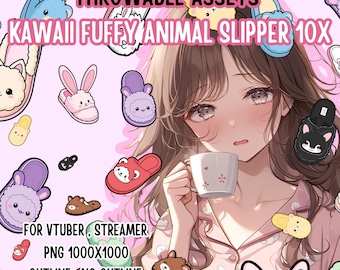 Throwable Assets Kawaii Fuffy Animal Slipper 10x,2D Digital Assets,Stream Decoration,Cute Throwable,VTuber Assets,Playful VTuber Assets,PNG