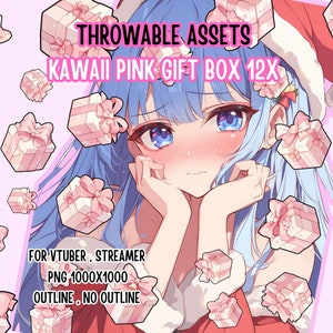 以下が含まれることがあります： 青い髪とピンクの頬をした若い女性のデジタルイラスト。彼女は白いリボンが付いたピンクのギフトボックスに囲まれています。画像の上部に「THROWABLE ASSETS KAWAII PINK GIFT BOX 12X」というテキストがあります。画像の下部に「FOR VTUBER, STREAMER PNG 1000X1000 OUTLINE, NO OUTLINE」というテキストがあります。