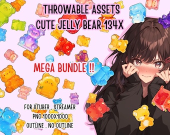 May include: A digital illustration of a young woman with brown hair and a black sweater. She is surrounded by colorful jelly bear images. The text "THROWABLE ASSETS CUTE JELLY BEAR 134X MEGA BUNDLE!!!" is at the top of the image. The text "FOR VTUBER. STREAMER PNG 1000X1000 OUTLINE, NO OUTLINE" is at the bottom of the image.