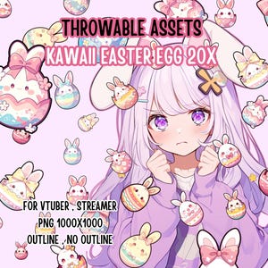 May include: A digital illustration of a kawaii anime girl with purple hair wearing a purple sweater and bunny ears. The background is pink with many pastel colored Easter eggs with bunny faces and flowers. The text "THROWABLE ASSETS KAWAII EASTER EGG 20X" is at the top of the image. The text "FOR VTUBER, STREAMER PNG 1000X1000 OUTLINE: NO OUTLINE" is at the bottom of the image.
