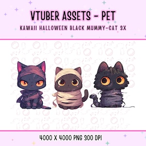 Vtuber Assets,Vtuber Pet ,3x Kawaii Halloween Black Mummy-Cat for Vtuber, Pink ,Anime,Digital Assets ,Stream Decoration,Twitch,Cute Pet