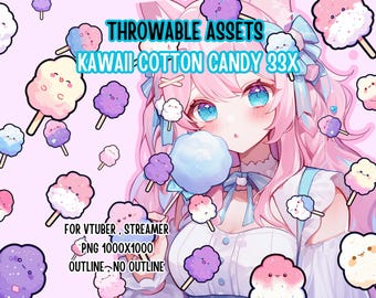 Throwable Assets Kawaii Cotton Candy 33x,2D Digital Assets,Stream Decoration,Cute Throwable,VTuber Assets,Cute Dessert Assets,Sweet Vtuber