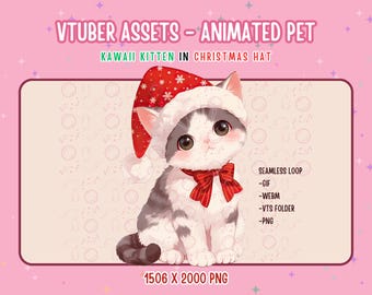 Animated Stream Pet,1x Kawaii Kitten in Christmas Hat,Vtuber Pet,Digital Assets,Stream Decoration,Twitch,Cute 2D Pet,Vtuber Assets,Xmas Cat