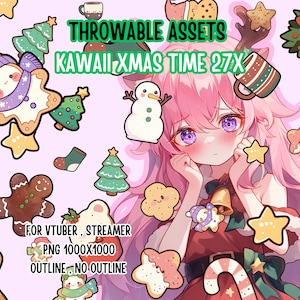 May include: Digital art featuring a pink-haired anime-style character surrounded by Christmas-themed illustrations. The image includes gingerbread men, stars, Christmas trees, and the text "THROWABLE ASSETS" and "KAWAII XMAS TIME 27X".