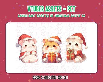 Vtuber Assets,Vtuber Pet,3x Kawaii Baby Hamster in Christmas Outfit,Digital Assets,Stream Decoration,Twitch,Cute 2D Pet,Hamster Companion