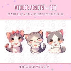 Activos de Vtuber, mascota de Vtuber, 3 gatitos kawaii sosteniendo una carta de amor de San Valentín, activos digitales, decoración de transmisión, activos de San Valentín, compañero de San Valentín