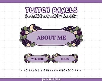 May include: Digital Twitch panels titled Blackberry Moon Garden featuring purple banners with dark purple text. The designs include illustrations of blackberries, white flowers, and crescent moons. Text includes ABOUT ME, WELCOME, and RULES. 40 panels plus 1 blank, 640x266 px.
