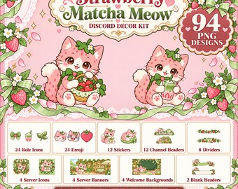 Strawberry Matcha Meow Discord Decor Kit | 94 Pink Green Cat Server Assets | Kawaii Role Icons, Emoji, Stickers, Headers