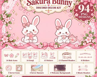Sakura Bunny Discord Decor Kit | 94 Pink Bunny Server Assets | Kawaii Role Icons, Emoji, Stickers, Headers