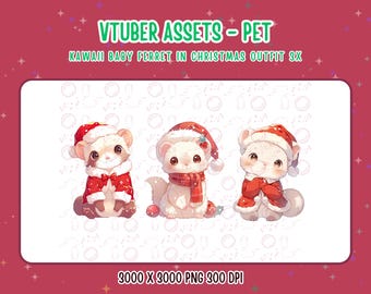 Vtuber Assets,Vtuber Pet,3x Kawaii Baby Ferret in Christmas Outfit,Digital Assets,Stream Decoration,Twitch,Cute 2D Pet,Baby Ferret PNG