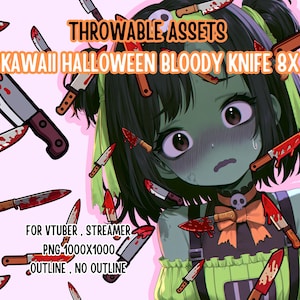 May include: Digital illustration featuring a green-skinned character with dark hair and a skull choker, surrounded by multiple bloody knives. Text reads: THROWABLE ASSETS KAWAII HALLOWEEN BLOODY KNIFE 8X FOR VTUBER, STREAMER PNG 1000X1000 OUTLINE, NO OUTLINE.