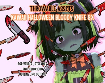 Throwable Assets Kawaii Halloween Bloody Knife 8x ,2D Digital Assets,Stream Decoration,VTuber Props,Spooky Redeem,T.I.T.S,Creepy Cute,Horror