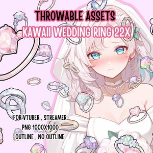 Puede incluir: Ilustración digital de varios anillos de boda kawaii con diseños de corazón y piedras preciosas. La imagen incluye el texto "THROWABLE ASSETS", "KAWAII WEDDING RING 22X" y "FOR VTUBER, STREAMER. PNG 1000X1000. OUTLINE, NO OUTLINE."