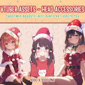 Vtuber Assets,Kawaii Christmas Naughty/Nice Santa Hat Assets 15x,2D Digital Assets,Stream Decoration,Xmas,Christmas Hat,Holiday Hat,New Year