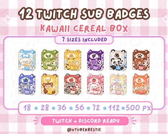 Cereal Box Twitch Sub Badges | 12 Kawaii Breakfast Animals | Cute Food VTuber Streamer Assets | Pastel Gaming Icons l Discord Youtube Kick
