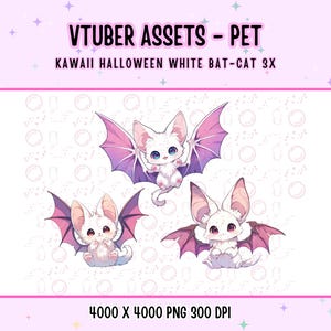 3x Kawaii Halloween Weiße Fledermaus-Katze für Vtuber, Süß, Pink, Anime, Digital-Assets, Stream Dekoration, Twitch, Süßes Haustier