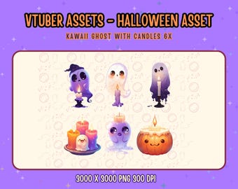 May include: Six digital illustrations of cute cartoon ghosts holding candles. The ghosts are in various poses and have different expressions. The candles are in different colors and shapes. The illustrations are on a white background with a light purple border. The text "VTUBER ASSETS - HALLOWEEN ASSET" is at the top of the image. The text "KAWAII GHOST WITH CANDLES 6X" is below the title. The text "3000 X 3000 PNG 300 DPI" is at the bottom of the image.