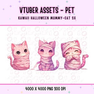 Vtuber Haustier,3x Kawaii Halloween Mumie-Katze für Vtuber,niedlich,Rosa,anime,Digital Bereich,Streifzug Dekoration,Twitch,süsses Haustier