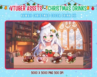 May include: A digital illustration of a young woman with long white hair wearing a red and white Santa hat and a red dress with a green bow. She is holding a cup of hot cocoa with marshmallows. There are four cups of hot cocoa with marshmallows in the image. The background is a library with a fireplace and a window. The text "VTUBER ASSETS - CHRISTMAS DRINKS" and "KAWAII CHRISTMAS COCOA DRINK 9X" is at the top of the image. The text "3000 X 3000 PNG 300 DPI" is at the bottom of the image.