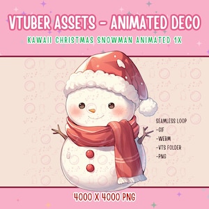 May include: A kawaii Christmas snowman animated graphic with a red hat and scarf. The snowman is smiling and has a rosy blush on its cheeks. The graphic is 4000 x 4000 pixels and is available in GIF, WEBM, VTS folder, and PNG formats.
