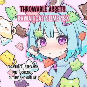 Puede incluir: Ilustración digital de un personaje de anime con cabello azul, rodeado de slimes con forma de gato de dibujos animados. El texto dice "THROWABLE ASSETS" y "KAWAII CAT SLIME 18X". Diseñado para VTubers y streamers.