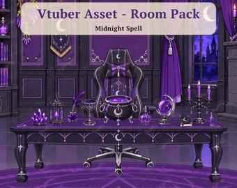 Midnight Spell VTuber Room Decor Pack | 12 Gothic Witch Stream Assets | Purple Black Magic Room Decor, VTuber Background