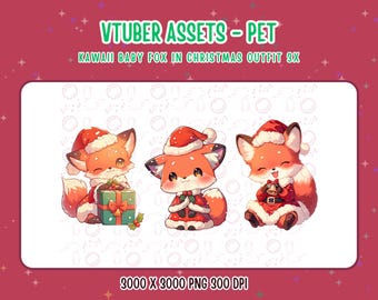 Vtuber Assets,Vtuber Pet,3x Kawaii Baby Fox in Christmas Outfit,Digital Assets,Stream Decoration,Twitch,Cute 2D Pet,Baby Fox PNG,Companion