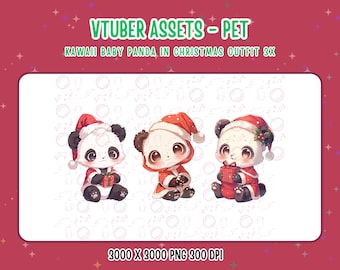 Vtuber Assets,Vtuber Pet,3x Kawaii Baby Panda in Christmas Outfit,Digital Assets,Stream Decoration,Twitch,Cute 2D Pet,Baby Panda Companion
