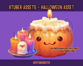 May include: Illustration of Halloween-themed VTuber assets. A smiling orange pumpkin candle with a white wax top is next to a plate with a kawaii ghost and candles in shades of yellow, pink, and purple. Text reads "VTUBER ASSETS - HALLOWEEN ASSET".