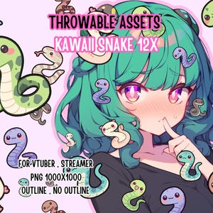 Puede incluir: Ilustración digital de una chica de anime con cabello turquesa y ojos rosados, rodeada de varias ilustraciones de serpientes kawaii. El texto dice "THROWABLE ASSETS" y "KAWAII SNAKE 12X". Destinado a VTubers y streamers.