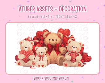 Vtuber Assets Valentine Decoration,4x Kawaii Valentine Teddy Bear ,Cute, Anime ,Digital Assets,Stream Decoration,Valentine Decoration,Teddy