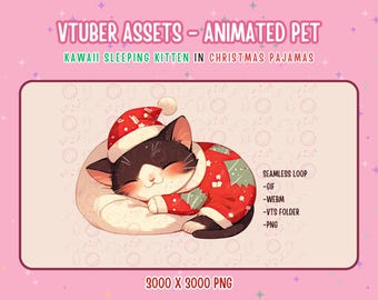 Animated Stream Pet,1x Kawaii Sleeping Kitten in Christmas Pajamas,Vtuber Pet,Stream Decoration,Twitch,Cute 2D Pet,Vtuber Assets,Cute Cat