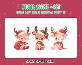 Vtuber Assets,Vtuber Pet,3x Kawaii Baby Deer Sitting in Christmas Outfit,Digital Assets,Stream Decoration,Twitch,Cute 2D Pet,Baby Deer PNG
