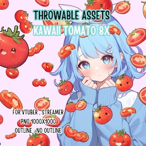 May include: A digital illustration of a blue-haired girl with a pink background. The girl is wearing a blue sweater and is surrounded by red cartoon tomatoes with faces. The text "THROWABLE ASSETS KAWAII TOMATO 8X" is at the top of the image. The text "FOR VTUBER, STREAMER PNG:1000X1000 OUTLINE: NO OUTLINE" is at the bottom of the image.