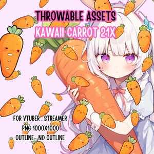 Op de afbeelding: Digitale illustratie van een stripmeisje met wit haar en konijnenoren die een grote wortel vasthoudt. De afbeelding is gevuld met oranje wortels en tekst die luidt "THROWABLE ASSETS KAWAI CARROT 21X".