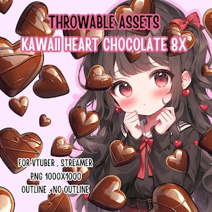 Peut inclure: Une illustration numérique d'une fille aux longs cheveux bruns portant une tenue noire et rouge. Elle est entourée de bonbons en forme de cœur en chocolat. Le texte "THROWABLE ASSETS KAWAII HEART CHOCOLATE 8X" est en haut de l'image. Le texte "FOR VTUBER, STREAMER PNG 1000X1000 OUTLINE NO OUTLINE" est en bas de l'image.