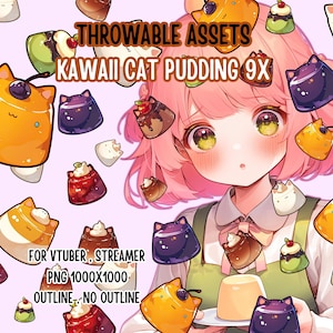 Throwable Assets Kawaii Cat Pudding 9x ,2D Digital Assets,Stream Decoration,Cute Throwable,VTuber Assets,Cat Vtuber,Pudding Lover,Dessert