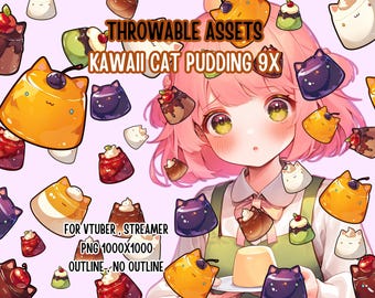 Throwable Assets Kawaii Cat Pudding 9x ,2D Digital Assets,Stream Decoration,Cute Throwable,VTuber Assets,Cat Vtuber,Pudding Lover,Dessert