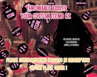 May include: A digital illustration of a person with long black hair. The background is filled with black and pink cartoon poop emojis with the text "Your Custom Item!" on each. The text "THROWABLE ASSETS YOUR CUSTOM ITEMS 8X" is in pink and white. The text "FOR VTUBER STREAMER PNG 1000X1000 OUTLINE, NO OUTLINE" is in white. The text "PLEASE CHECK WORKING PROCESS IN DESCRIPTION BEFORE PLACE ORDER!" is in orange.