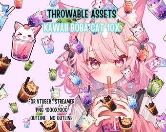 Throwable Assets Kawaii Boba Cat 10x,2D Digital Assets,Stream Decoration,Cute Throwable,VTuber Assets, Playful VTuber Assets,Drink Assets