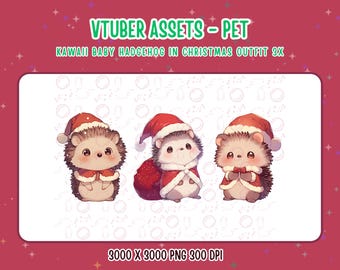 Vtuber Assets,Vtuber Pet,3x Kawaii Baby Hadgehog in Christmas Outfit,Digital Assets,Stream Decoration,Twitch,Cute 2D Pet,Hadgehog Companion