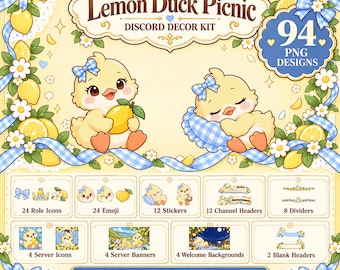 Lemon Duck Picnic Discord Decor Kit | 94 Cute Duck Server Assets | Lemon Role Icons, Emoji, Stickers, Headers