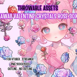 Op de afbeelding: Een set van 30 digitale Valentijnsdag-thema rozen en kristal afbeeldingen. De afbeeldingen zijn roze, blauw en rood. De afbeeldingen zijn perfect voor streamers en VTubers. De afbeeldingen zijn 1000x1000 pixels en hebben geen omtrek.