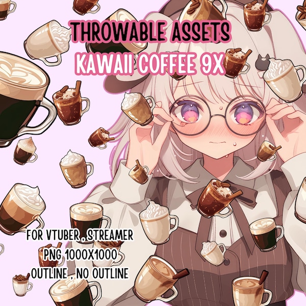 Recursos Arremessáveis Kawaii Coffee 9x, Recursos Digitais 2D, Decoração de Transmissão, Arremessável Fofo, Recurso de Bebida, Amante de Café, Barista Vtuber, Resgate de Hidratação