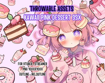 Throwable Assets Kawaii Pink Dessert 33x ,2D Digital Assets,Stream Decoration,Cute,VTuber,Sweet,Bakery,Cake,Drink,Soft Pink Theme,Girly,PNG